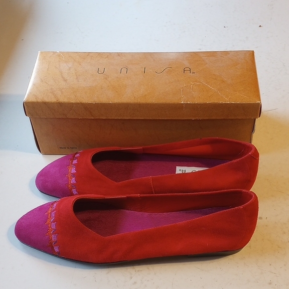 Unisa Shoes - NEW Unisa, Size 9.5,  Red & Fuschia suede flats, Orange Embroidery, Box